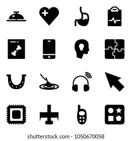 Solid vector icon set - client bell vector, heart, stomach, pulse clipboard, x ray, phone, head bulb, puzzle, luck, fishing, wireless headphones, cursor, cpu, milling cutter, toy, cube hole