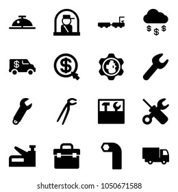 Solid vector icon set - client bell vector, officer window, baggage truck, money rain, encashment car, click, gear globe, wrench, plumber, tool box, screwdriver, stapler, allen key, toy