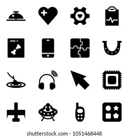 Solid vector icon set - client bell vector, heart, gear, pulse clipboard, x ray, phone, puzzle, luck, fishing, wireless headphones, cursor, cpu, milling cutter, ufo toy, cube hole