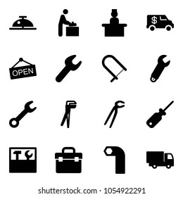 Solid vector icon set - client bell vector, baby room, recieptionist, encashment car, open, wrench, fretsaw, plumber, screwdriver, tool box, allen key, truck toy