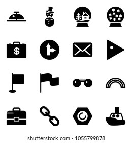 Solid vector icon set - client bell vector, snowman, snowball house, money case, only forward right road sign, mail, play, flag, sunglasses, rainbow, link, nut, toy boat