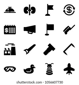 Solid vector icon set - client bell vector, kidneys, flag, dollar exchange, finance calendar, loudspeaker, suitcase, plant, saw, bolt, staple, protective glasses, duck toy, pyramid, plane