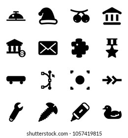 Solid vector icon set - client bell vector, christmas hat, rowanberry, bank, account, mail, puzzle, star medal, skateboard, bezier, record button, connect, wrench, screw, marker, toy duck