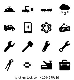 Solid vector icon set - client bell vector, fork loader, baggage truck, money rain, encashment car, mobile payment, gear globe, open, wrench, rubber hammer, plumber, jack, stapler, tool box