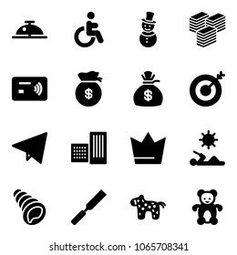 Solid vector icon set - client bell vector, disabled, snowman, big cash, tap pay, money bag, target, paper fly, building, crown, reading, shell, rasp, toy horse, bear