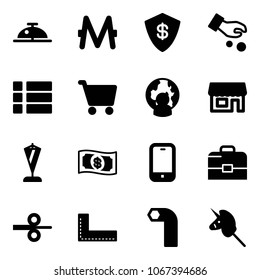 Solid vector icon set - client bell vector, monero, safe, investment, menu, cart, man globe, store, pennant, money, mobile phone, case, steel rolling, corner ruler, allen key, toy unicorn stick