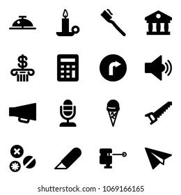 Solid vector icon set - client bell vector, candle, tooth brush, bank, calculator, only right road sign, volume medium, loudspeaker, microphone, ice cream, saw, rivet, work knife, laser lever