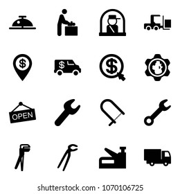 Solid vector icon set - client bell vector, baby room, officer window, fork loader, dollar pin, encashment car, money click, gear globe, open, wrench, fretsaw, plumber, stapler, truck toy