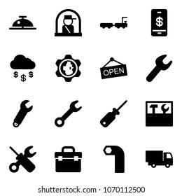 Solid vector icon set - client bell vector, officer window, baggage truck, mobile payment, money rain, gear globe, open, wrench, screwdriver, tool box, allen key, toy