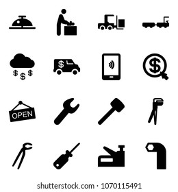 Solid vector icon set - client bell vector, baby room, fork loader, baggage truck, money rain, encashment car, mobile payment, click, open, wrench, rubber hammer, plumber, screwdriver, stapler