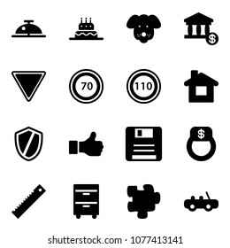 Solid vector icon set - client bell vector, cake, dog, account, giving way road sign, speed limit 70, 110, home, shield, like, save, finger ring, ruler, tool cabinet, puzzle, toy car