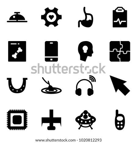 Solid vector icon set - client bell vector, heart gear, stomach, pulse clipboard, x ray, phone, head bulb, puzzle, luck, fishing, wireless headphones, cursor, cpu, milling cutter, ufo toy