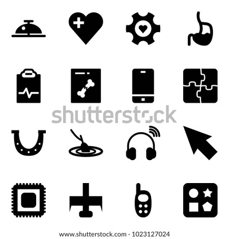 Solid vector icon set - client bell vector, heart, gear, stomach, pulse clipboard, x ray, phone, puzzle, luck, fishing, wireless headphones, cursor, cpu, milling cutter, toy, cube hole