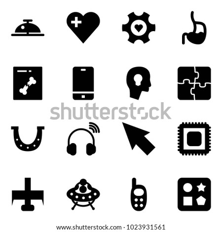 Solid vector icon set - client bell vector, heart, gear, stomach, x ray, phone, head bulb, puzzle, luck, wireless headphones, cursor, cpu, milling cutter, ufo toy, cube hole