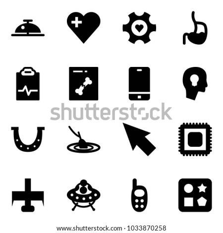 Solid vector icon set - client bell vector, heart, gear, stomach, pulse clipboard, x ray, phone, head bulb, luck, fishing, cursor, cpu, milling cutter, ufo toy, cube hole