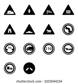 Solid vector icon set - climb vector road sign, intersection, side wind, railway, narrows, artificial unevenness, cow, no left turn, limited distance, truck, speed limit 110, cart horse, overtake