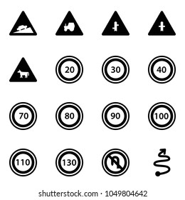 Solid vector icon set - climb vector road sign, tractor way, intersection, cow, speed limit 20, 30, 40, 70, 80, 90, 100, 110, 130, no turn back, trip