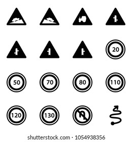 Solid vector icon set - climb vector road sign, steep descent, tractor way, intersection, speed limit 20, 50, 70, 80, 110, 120, 130, no turn back, trip