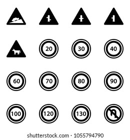 Solid vector icon set - climb vector road sign, intersection, cow, speed limit 20, 30, 40, 60, 70, 80, 90, 100, 120, 130, no turn back