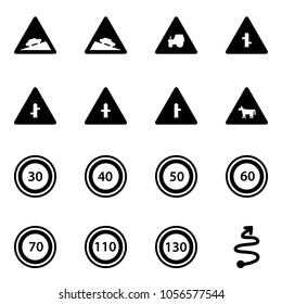 Solid vector icon set - climb vector road sign, steep descent, tractor way, intersection, cow, speed limit 30, 40, 50, 60, 70, 110, 130, trip
