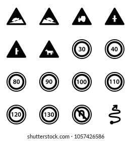 Solid vector icon set - climb vector road sign, steep descent, tractor way, intersection, cow, speed limit 30, 40, 80, 90, 100, 110, 120, 130, no turn back, trip