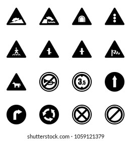 Solid vector icon set - climb vector road sign, embankment, tunnel, traffic light, pedestrian, intersection, side wind, cow, no horn, limited height, only forward, right, circle, stop, parking