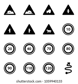 Solid vector icon set - climb vector road sign, steep descent, tractor way, intersection, cow, speed limit 10, 20, 40, 70, 80, 90, 110, 120, trip