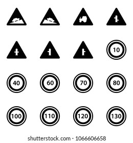 Solid vector icon set - climb vector road sign, steep descent, tractor way, intersection, speed limit 10, 40, 60, 70, 80, 100, 110, 120, 130