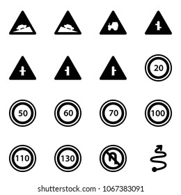 Solid vector icon set - climb vector road sign, steep descent, tractor way, intersection, speed limit 20, 50, 60, 70, 100, 110, 130, no turn back, trip