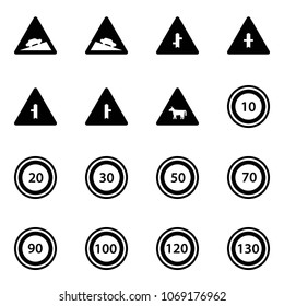 Solid vector icon set - climb vector road sign, steep descent, intersection, cow, speed limit 10, 20, 30, 50, 70, 90, 100, 120, 130