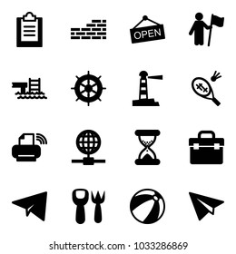 Solid vector icon set - clipboard vector, brick wall, open, win, pool, hand wheel, lighthouse, badminton, printer wireless, globe, sand clock, tool box, paper plane, shovel fork toy, beach ball