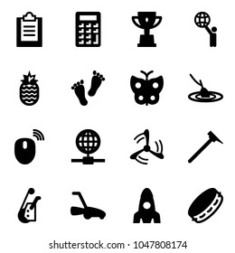 Solid vector icon set - clipboard vector, calculator, win cup, world, pineapple, feet, butterfly, fishing, mouse wireless, globe, wind mill, mason hammer, winch, lawn mower, rocket, tambourine