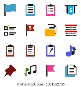 solid vector icon set - clipboard vector, paper pin, music, flag, exam, dollar, document