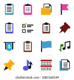 solid vector icon set - clipboard vector, paper pin, music, flag, exam, dollar, document