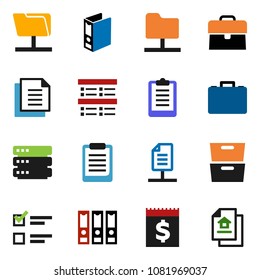 solid vector icon set - clipboard vector, archive, exam, case, binder, receipt, document, network folder, big data, estate