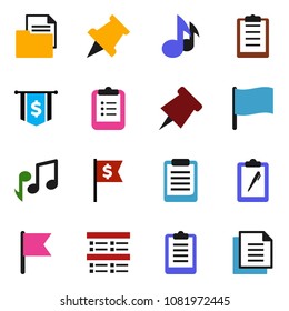 solid vector icon set - clipboard vector, paper pin, music, flag, exam, dollar, document