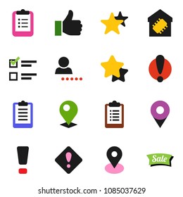 solid vector icon set - clipboard vector, exam, map pin, attention, finger up, favorites, login, sign, smart home, star, sale