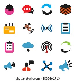solid vector icon set - clipboard vector, antenna, satellitie, loudspeaker, speaking man, network, big data, lan connector, message, refresh, cloud download, wireless, mail