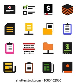 solid vector icon set - clipboard vector, certificate, document, exam, annual report, newspaper, network folder, big data, estate, receipt, catalog