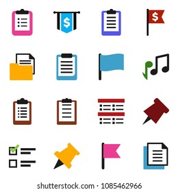 solid vector icon set - clipboard vector, paper pin, music, flag, exam, dollar, document