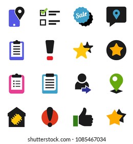 solid vector icon set - clipboard vector, exam, attention, traking, finger up, favorites, login, sign, pin, smart home, sale, star