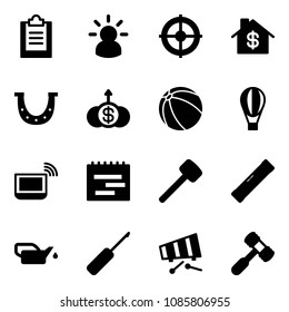 Solid vector icon set - clipboard vector, idea, target, home dollar, luck, growth, ball, air balloon, notebook wi fi, terms plan, rubber hammer, level, oiler, awl, xylophone, toy