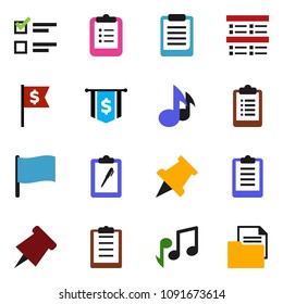 solid vector icon set - clipboard vector, paper pin, music, flag, exam, dollar, document
