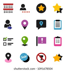 solid vector icon set - clipboard vector, exam, no alcohol sign, map pin, attention, traking, favorites, login, star, sale