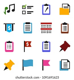 solid vector icon set - clipboard vector, paper pin, music, flag, exam, dollar, document
