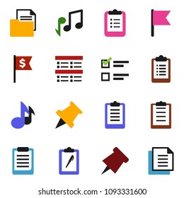 solid vector icon set - clipboard vector, paper pin, music, flag, exam, dollar, document