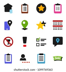solid vector icon set - clipboard vector, exam, no alcohol sign, traking, favorites, login, attention, pin, smart home, sale
