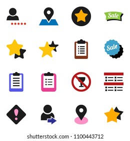 solid vector icon set - clipboard vector, exam, no alcohol sign, map pin, favorites, login, attention, star, sale