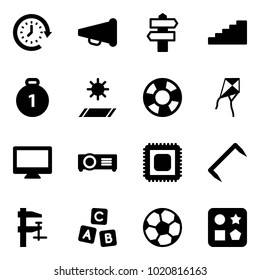 Solid vector icon set - clock around vector, speaker horn, signpost, stairs, gold medal, mat, lifebuoy, kite, monitor, projector, cpu, staple, clamp, abc cube, soccer ball, hole toy