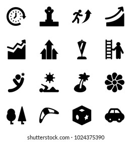 Solid Vector Icon Set - Clock Around Vector, Winner, Career, Rise, Growth, Arrows Up, Pennant, Opportunity, Flying Man, Reading, Palm, Flower, Forest, Boomerang, Cube Toy, Car